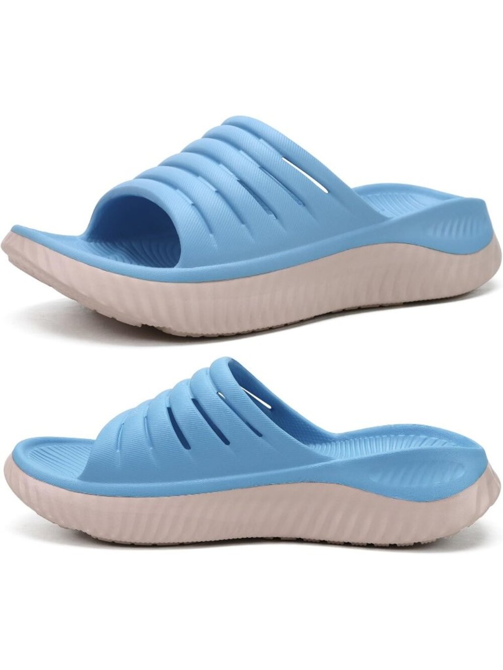 Women's Blue White Comfortable Open Toe Slides Thick Cushion Recovery Sandals